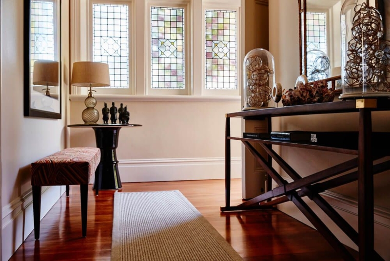 Entryway Foyer Brass Corner Accents Geometric Glass Transitional Design