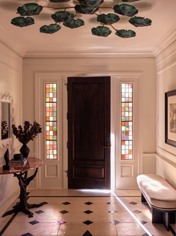 Entryway Foyer Stained Glass Sidelights Leaf Motif Transitional Luxury