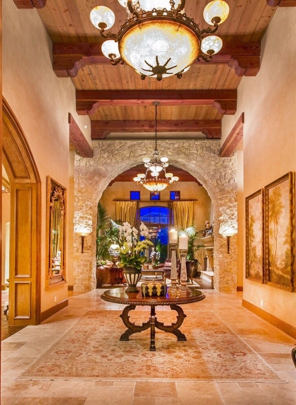 Entryway Foyer Tuscan Design Stone Archway Exposed Wood Beams