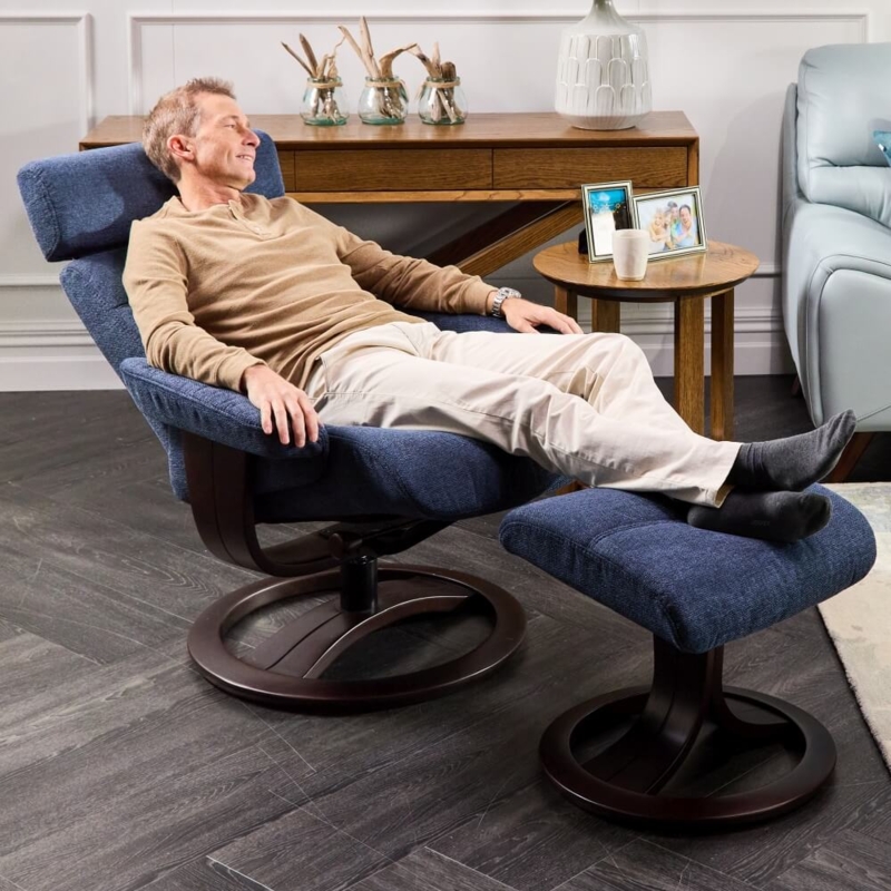 Ergonomic Recliner & Ottoman Set: Navy Blue Woven Fabric
