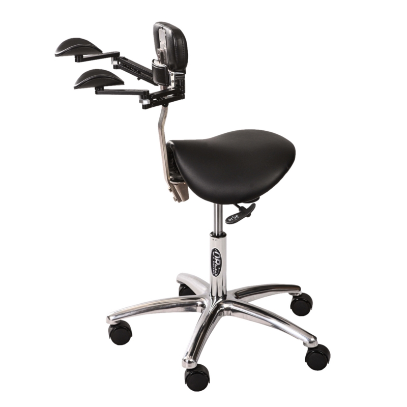 Ergonomic Stool with Saddle Seat and Articulating Padded Armrests
