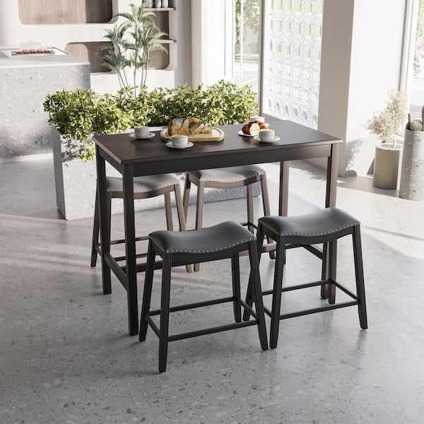 Espresso Bar Table Set with Saddle Seat Stools and Nailhead Trim