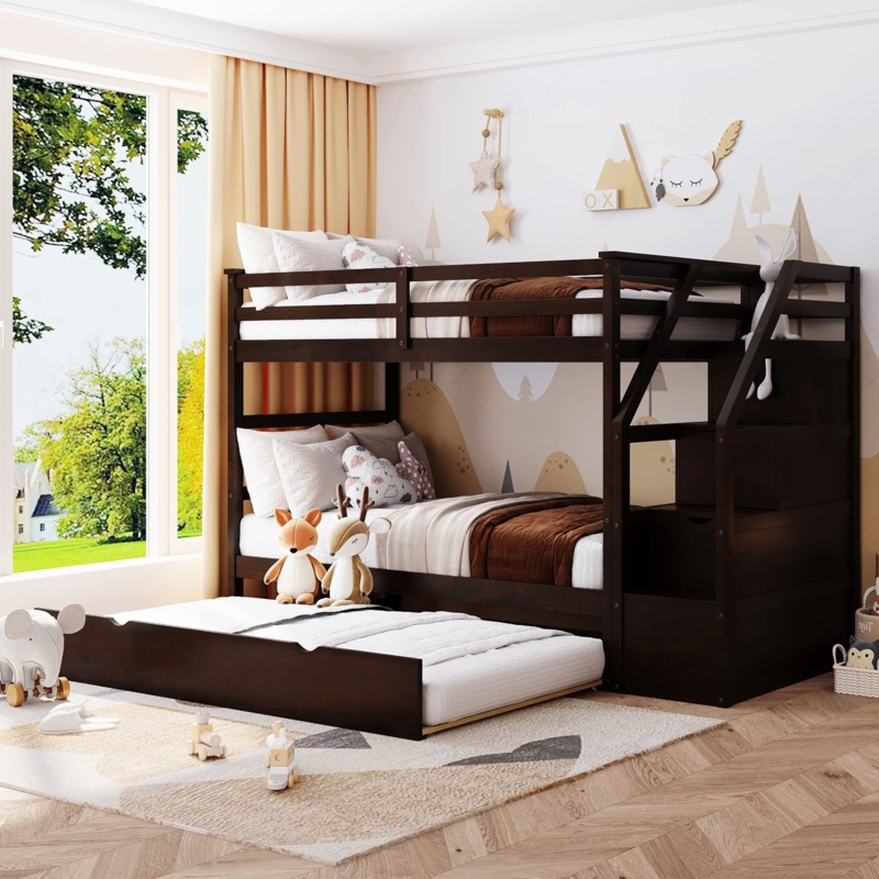 Espresso Bunk Bed with Trundle and Storage Stairs, Twin over Twin