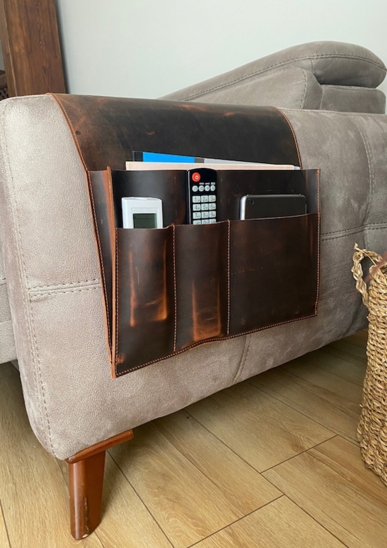 Espresso Distressed Leather-like Sofa Organizer Multi-pocket