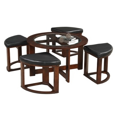 Espresso Finish Table Set featuring Glass Top Insert, Nesting Stools