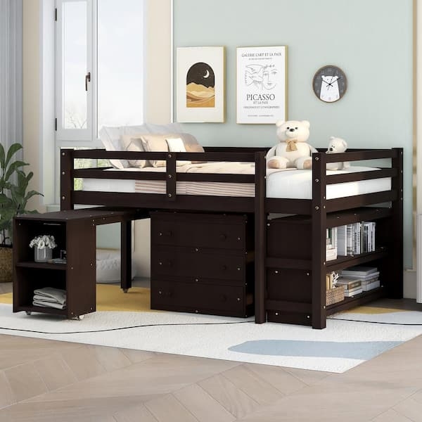 Espresso Full Low Loft Bed with Rolling Desk and Open Shelving
