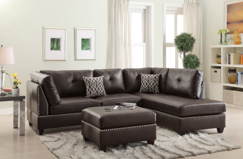Espresso Leather Sectional Sofa Set with Nailhead Trim Square Ottoman