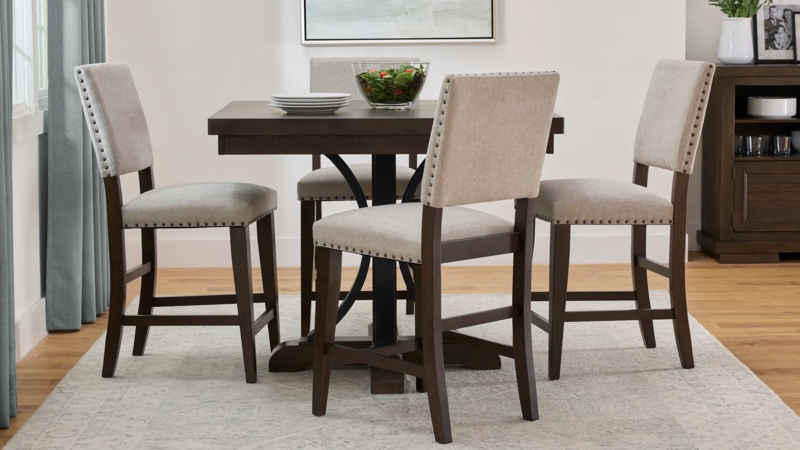 Espresso Pedestal Counter Height Dining Set with Oatmeal Upholstery