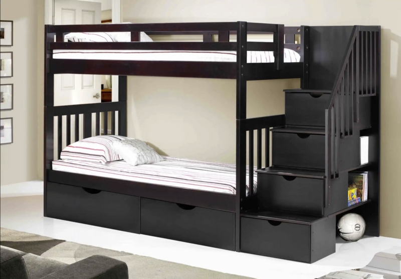 Espresso Satin Bunk Bed with Staircase Entry and Built-in Shelving