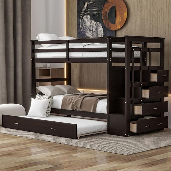 Espresso Staircase Bunk Bed with Trundle and Built-in Drawers
