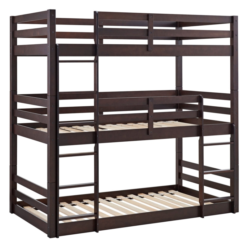 Espresso Triple Bunk Bed, Dark Wood Finish, Slatted Base, Transitional