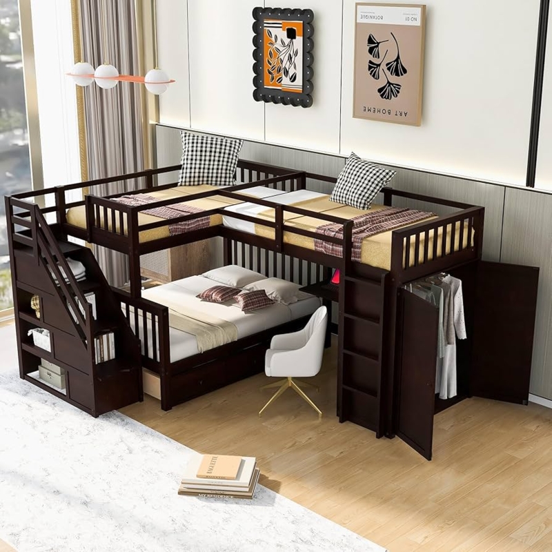 Espresso Triple Bunk Bed with L-Shaped Design and Storage Staircase