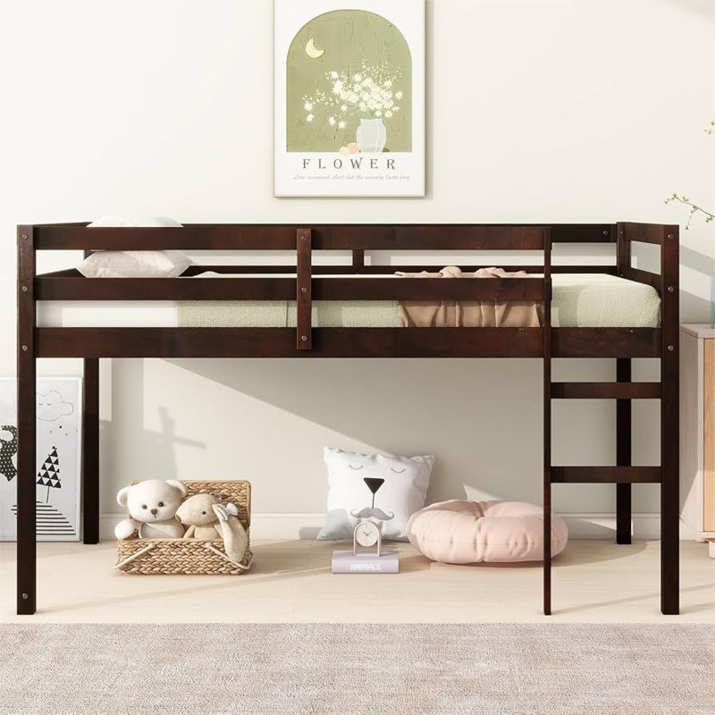 Espresso Twin Low Loft Bed with Ladder and Open Under Bed Space