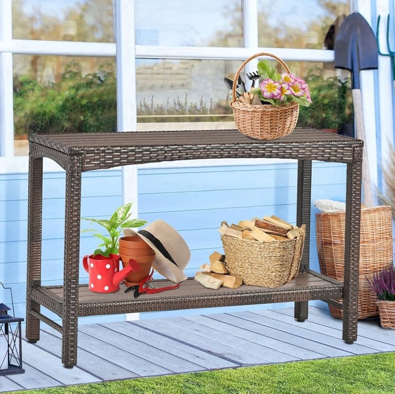 Espresso Wicker Console Table, Narrow Outdoor Buffet