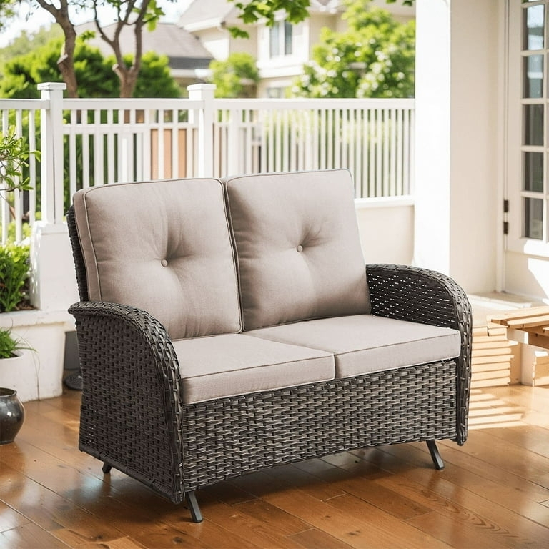 Espresso Wicker Glider Loveseat with Tufted Back and Curved Track Arms