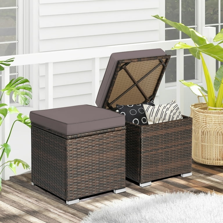 Espresso Wicker Outdoor Storage Ottomans Grey Cushions Feet