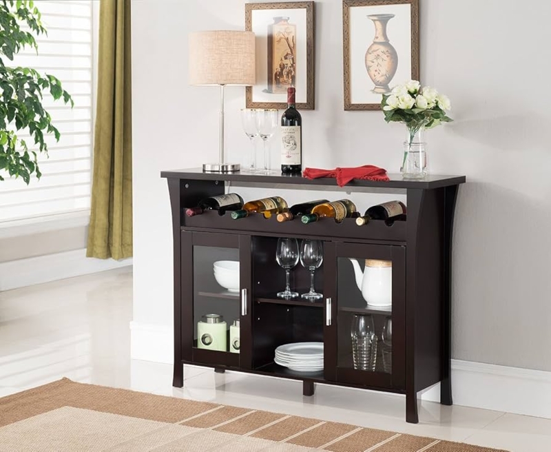 Espresso Wine Rack Buffet with Glass Door Cabinets and Open Shelving