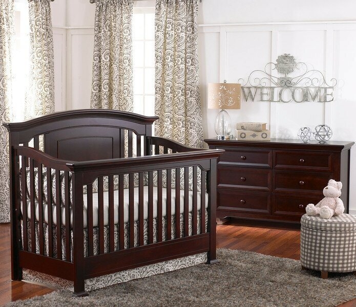 Espresso Wood Nursery Set with Arched Headboard and Paisley Textiles