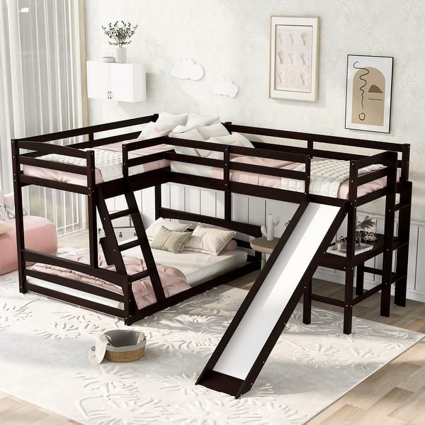 Espresso Wood Triple Bunk Bed Twin Over Full with Integrated Slide