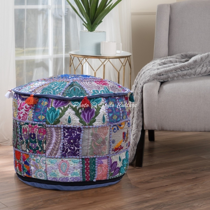 Ethnic Tassel Ottoman Pouf: Floral Motifs & Piped Edging Detail
