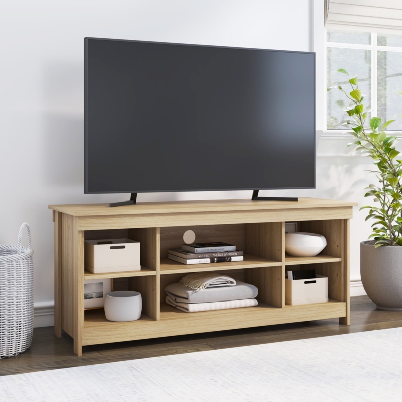 Euro Oak TV Stand, Six Open Cubbies, Scandinavian Minimalist Console.