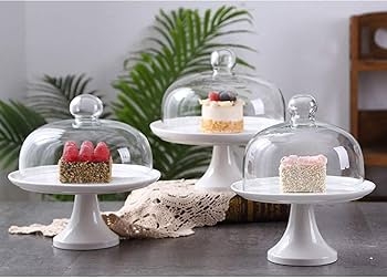 European White Ceramic Cake Stand with Glass Dome and Glossy Finish