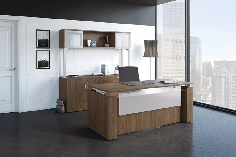 Executive Desk Adjustable Height Base Walnut Frosted Glass Modesty Panel