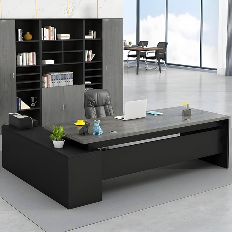 Executive Desk Charcoal Black Base Integrated Storage Gray Wood Tone