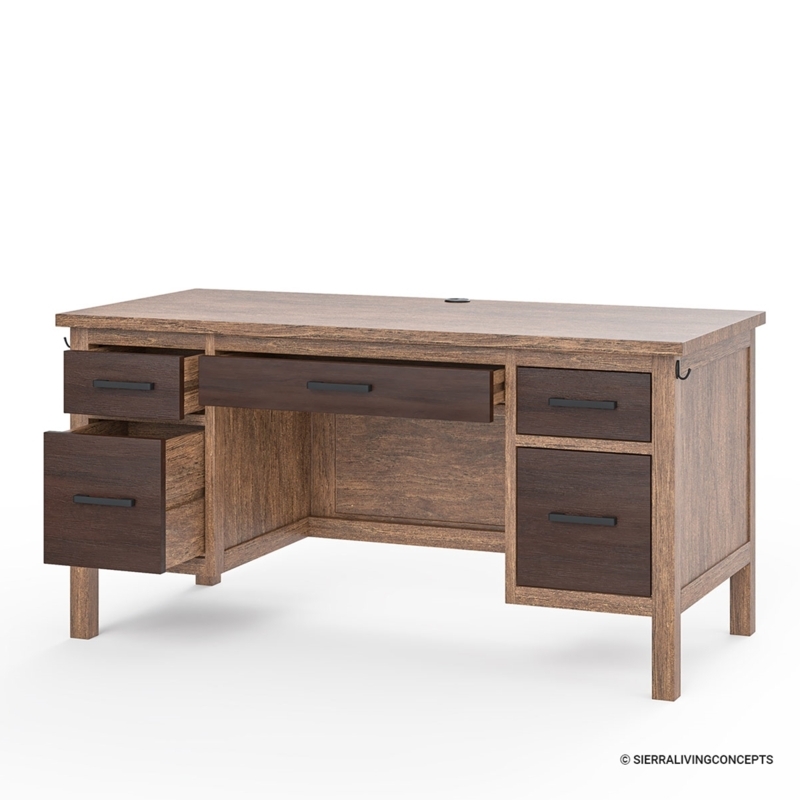 Executive Desk Dual Tone Teak Side Hook Five Drawers Rustic
