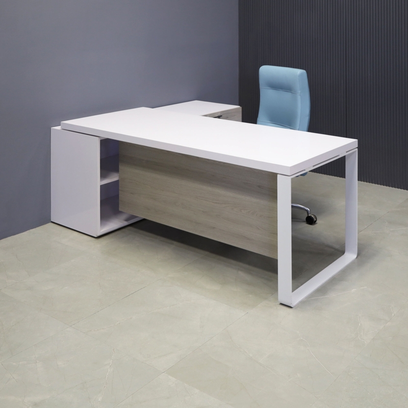 Executive Desk Gloss White Top Side Credenza Metal Loop Leg Minimalist
