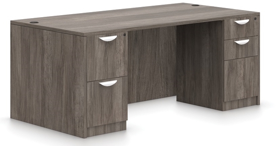 Executive Desk Grey Wood Grain Silver Pull Handles Double Pedestal