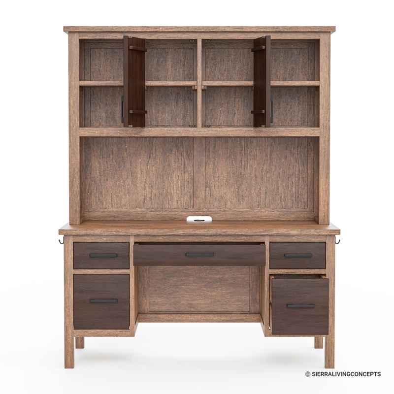 Executive Desk Integrated Hutch Two-Tone Teak Transitional Style