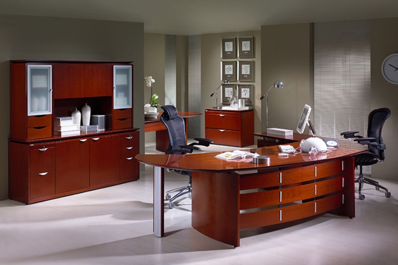 Executive Desk Set Oval Front Desk Slatted Apron Design Modern Cherry