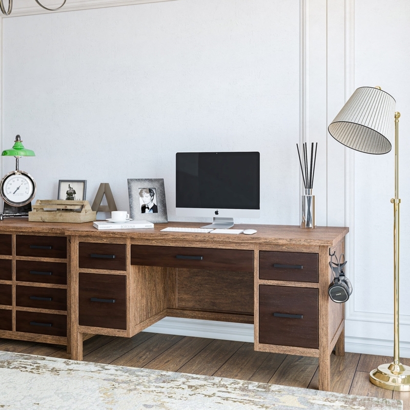 Executive Desk Teak Two-Tone Slim Black Pulls Pedestal Base
