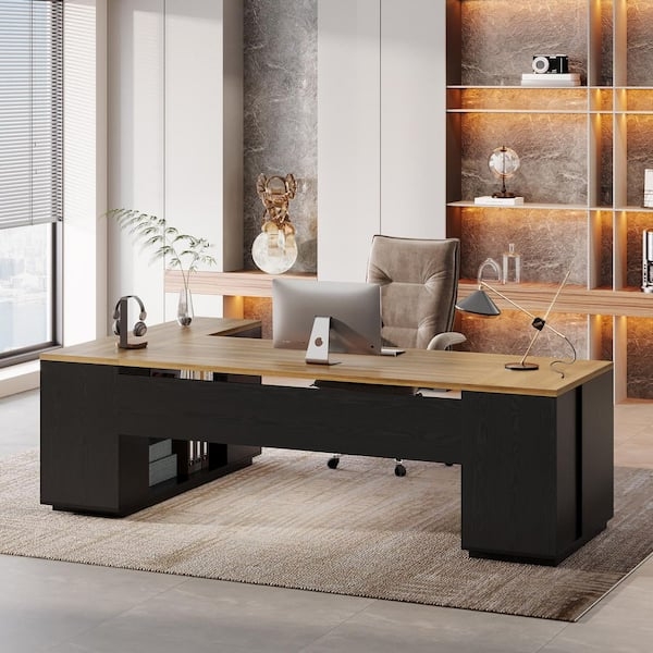 Executive Desk Two-Tone Finish Integrated Shelving Black Wood L-Shaped