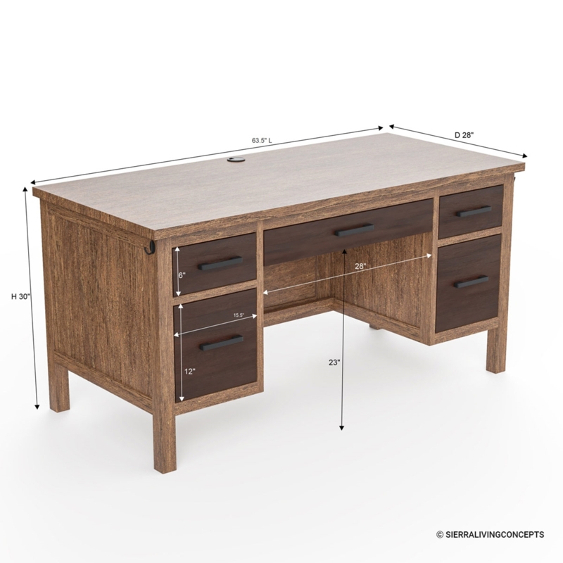 Executive Desk Two-Tone Teak Block Legs Matte Black Hardware