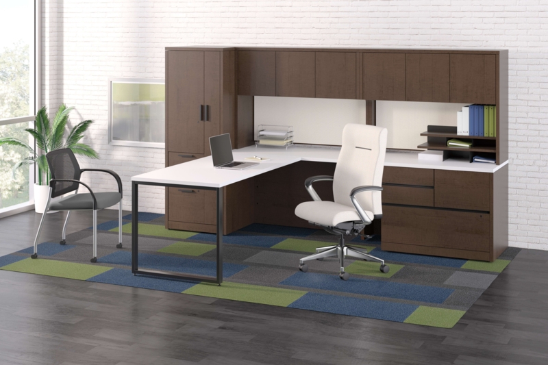 Executive Desk White Top Contrast Integrated Hutch Walnut L-Shaped Modern