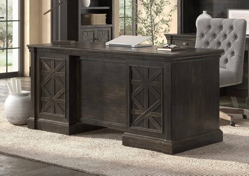 Executive Desk X-Brace Overlays Double Pedestal Dark Brown Traditional