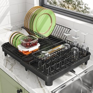 Expandable Black Dish Rack with Side-Mounted Stemware Holders