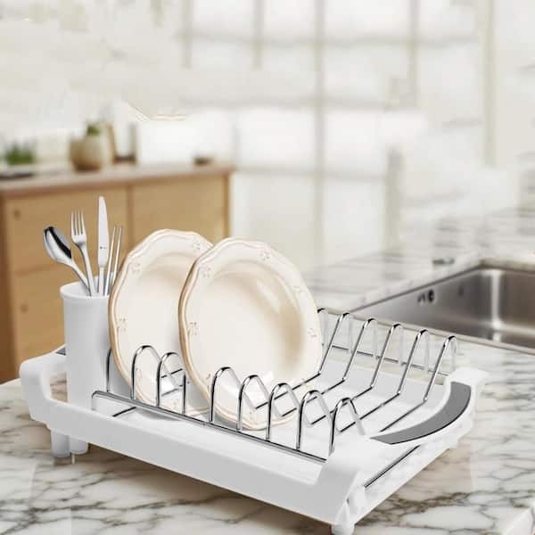 Expandable Polished Silver Wire Dish Rack with White Base
