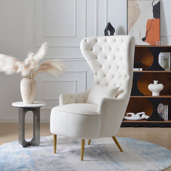Extra High Back Ivory Velvet Wingback Chair with Gold Legs