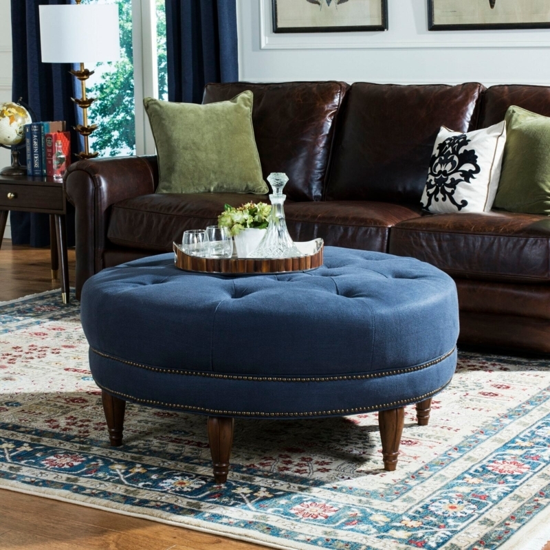 Extra Large Round Ottoman Navy Blue Tufted Traditional Nailhead Trim