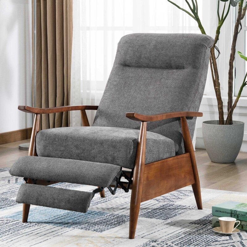 Fabric Recliner with Flared Wood Arms and Tapered Legs