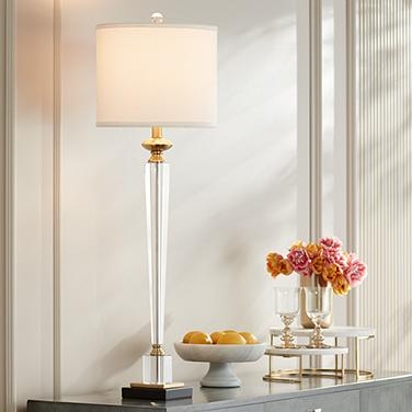Faceted Crystal Buffet Lamp with Polished Gold Accents & Base (65 chars)