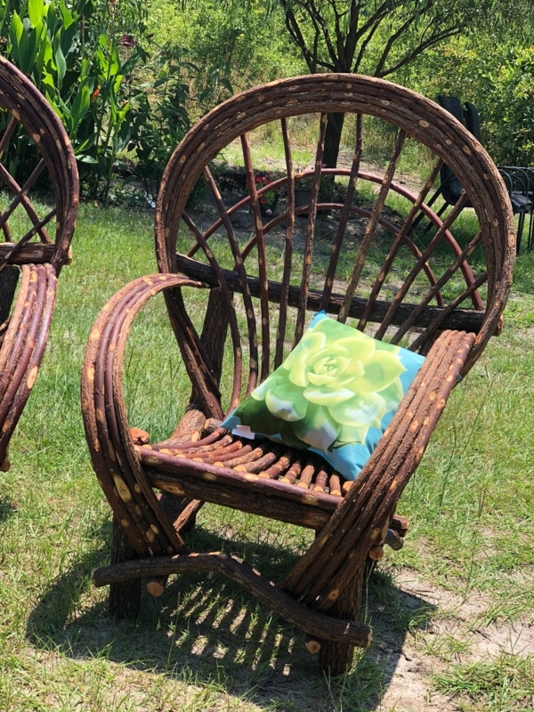 Fan Back Accent Chair: Rustic Willow with Succulent Print Pillow