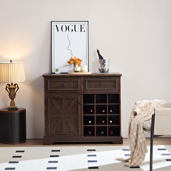 Farmhouse Bar Cabinet with X-Brace Door and 12-Bottle Wine Grid