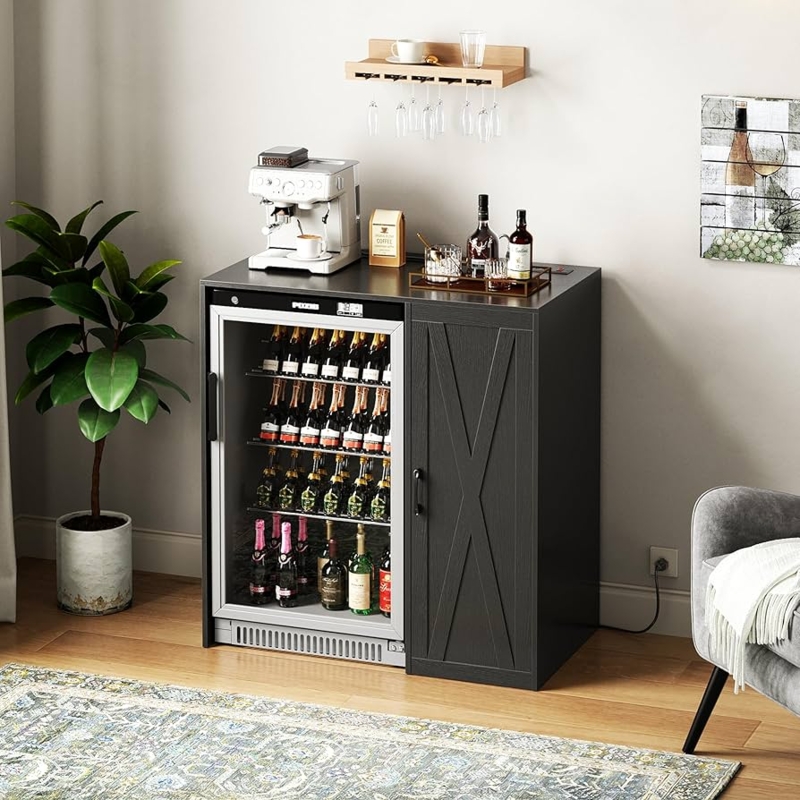 Farmhouse Bar Cabinet with X-Brace Door, Power Outlet and Fridge Space