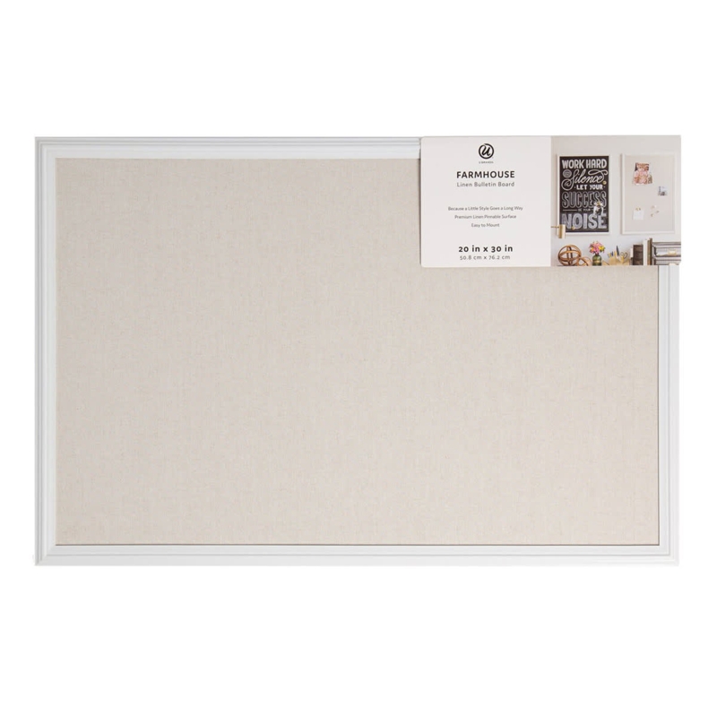 Farmhouse Bulletin Board, 20x30 Linen Texture, Wood Toned Frame.