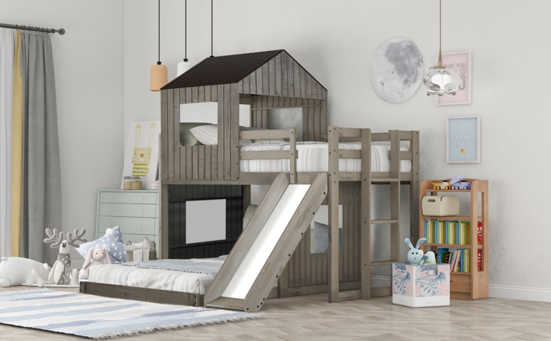 Farmhouse Bunk Bed with Playhouse Roof and Distressed Finish