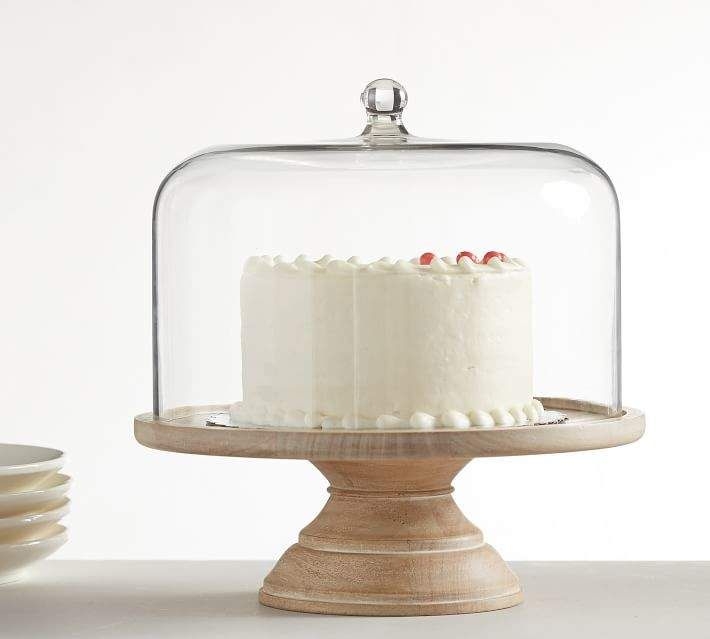 Farmhouse Cake Stand with Whitewashed Wood Base and Glass Cloche